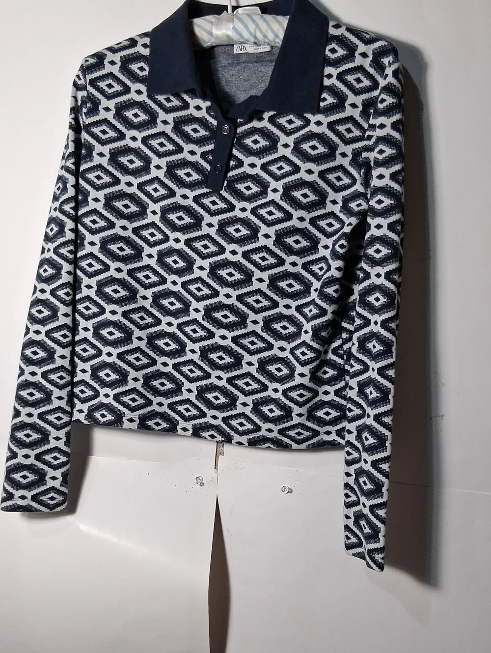 Zara Navy and White Geometric Long Sleeve Polo